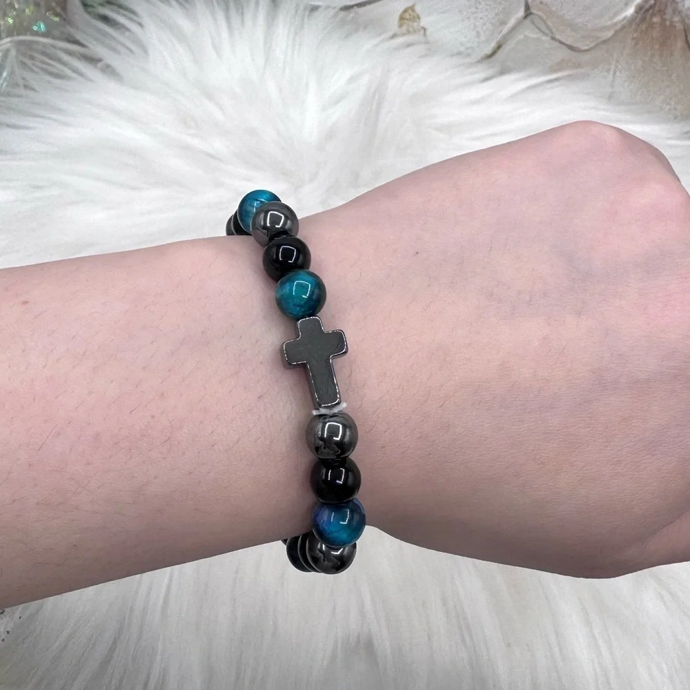 Tiger Eye mix, Blue and Black Beaded Cross Bracelet - Women’s Jewelry